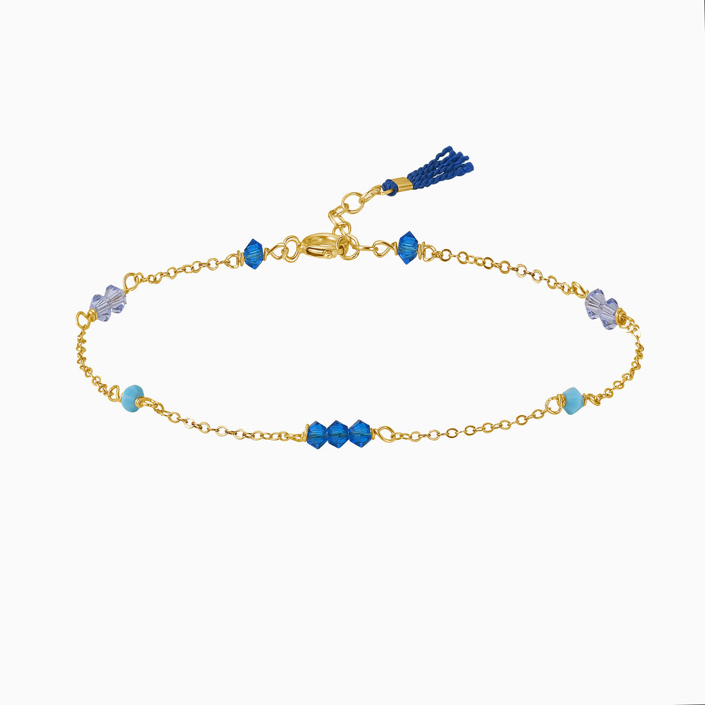 Blue crystals Beads gold bracelet with tassel