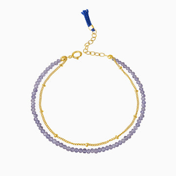 iolite violet beads gold bracelet with tassel