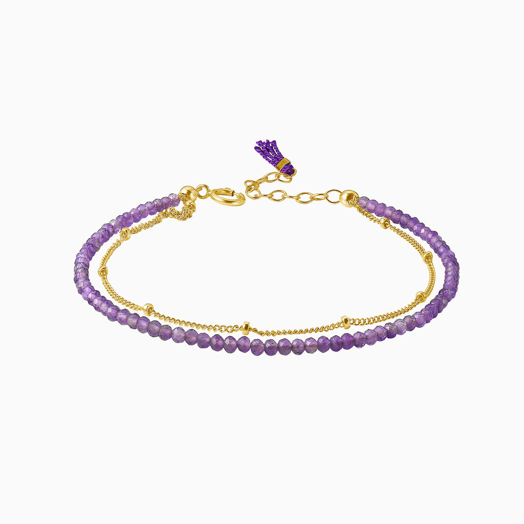 Amethyst beads bracelet with gold chain and silk tassel
