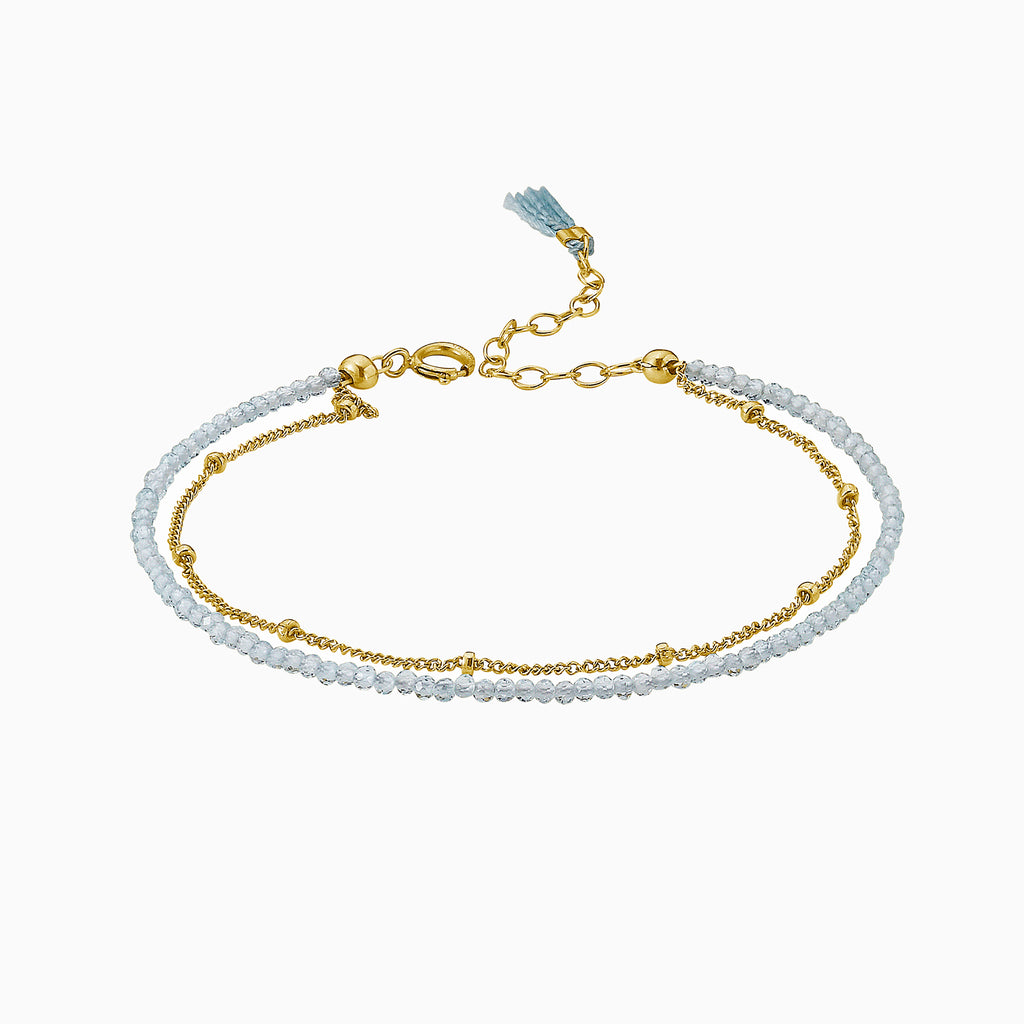 Aquamarine beads gold chain bracelet with tassel