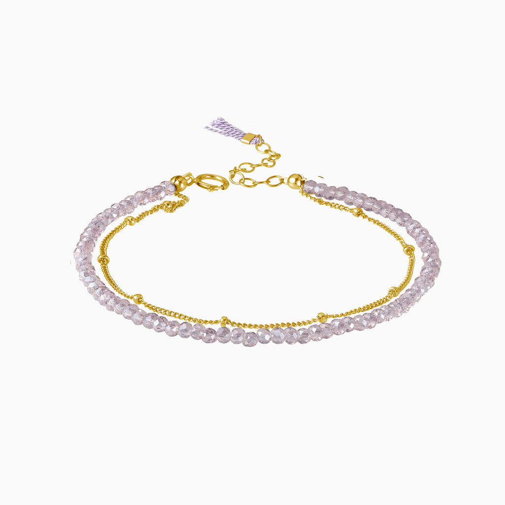 lavander zirconia beads gold bracelet with tassel