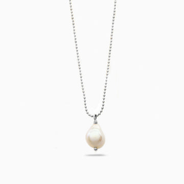 Silver pearl pendant necklace, ball chain.