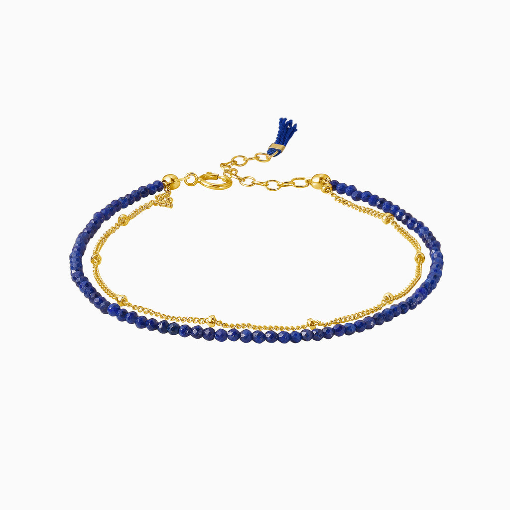 Lapis lazuli blue beads bracelet with gold chain and silk tassel