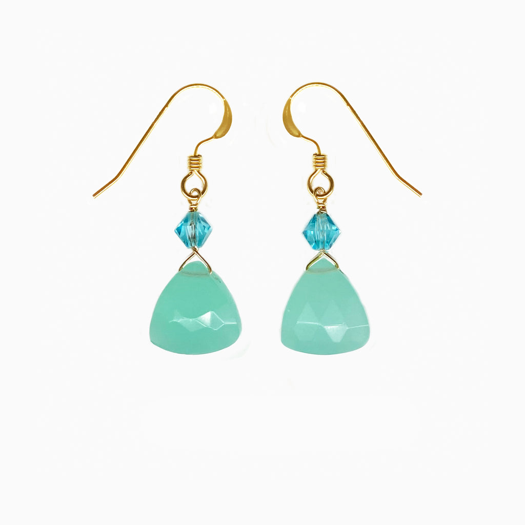 Aqua color Chalcedony and crystals gold drop earrings. Summer perfect look.