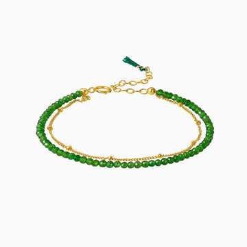 Emeral green beads bracelet with gold chain and silk tassel