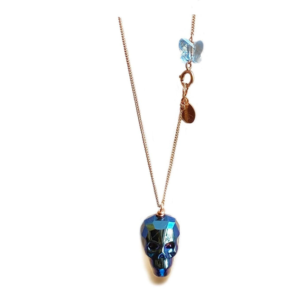 metallic blue crystal skull necklace