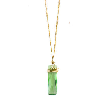 Peridot green long bar necklace in gold filled